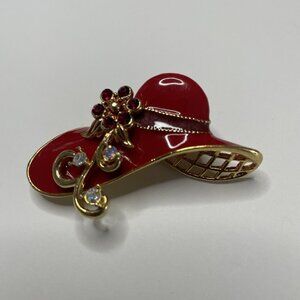 VINTAGE AVON SIGNED  RED HAT SOCIETY 2" BROOCH PIN WITH‎ RHINESTONES ESTATE